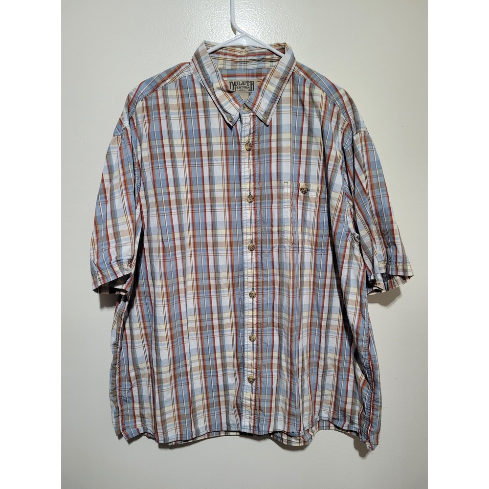 Duluth Trading Co Button Down‎ Mens 2XL Blue Orange Plaid Short Sleeve